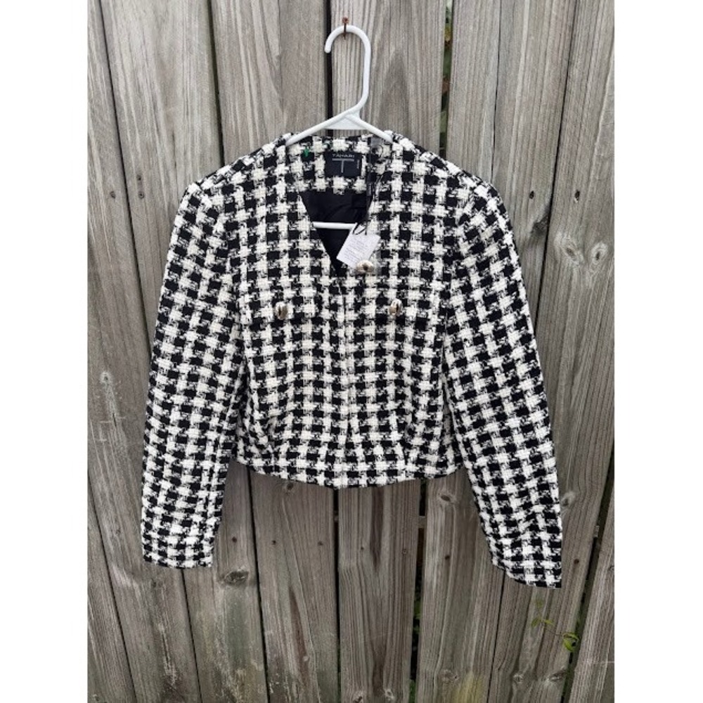 Old Money Quiet Luxury Tahari Tweed Jacket 6P Black White Plaid Cropped Blazer